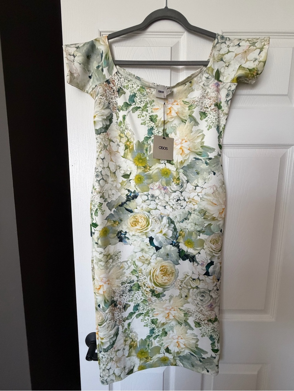 ASOS Floral Midi Dress, off shoulder with green accents BODYCON slimming sz 8